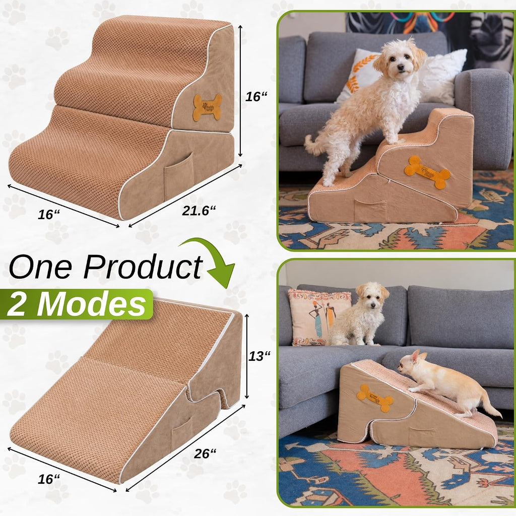 Dog Stairs for Bed & Couch – 2-in-1 Foldable Dog Stairs and Ramp (Beige)