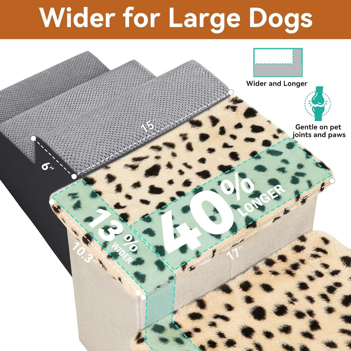 Zerbuger Dog Stairs with Storage, Beige Leopard 3 Steps Dog Ramp no Condo