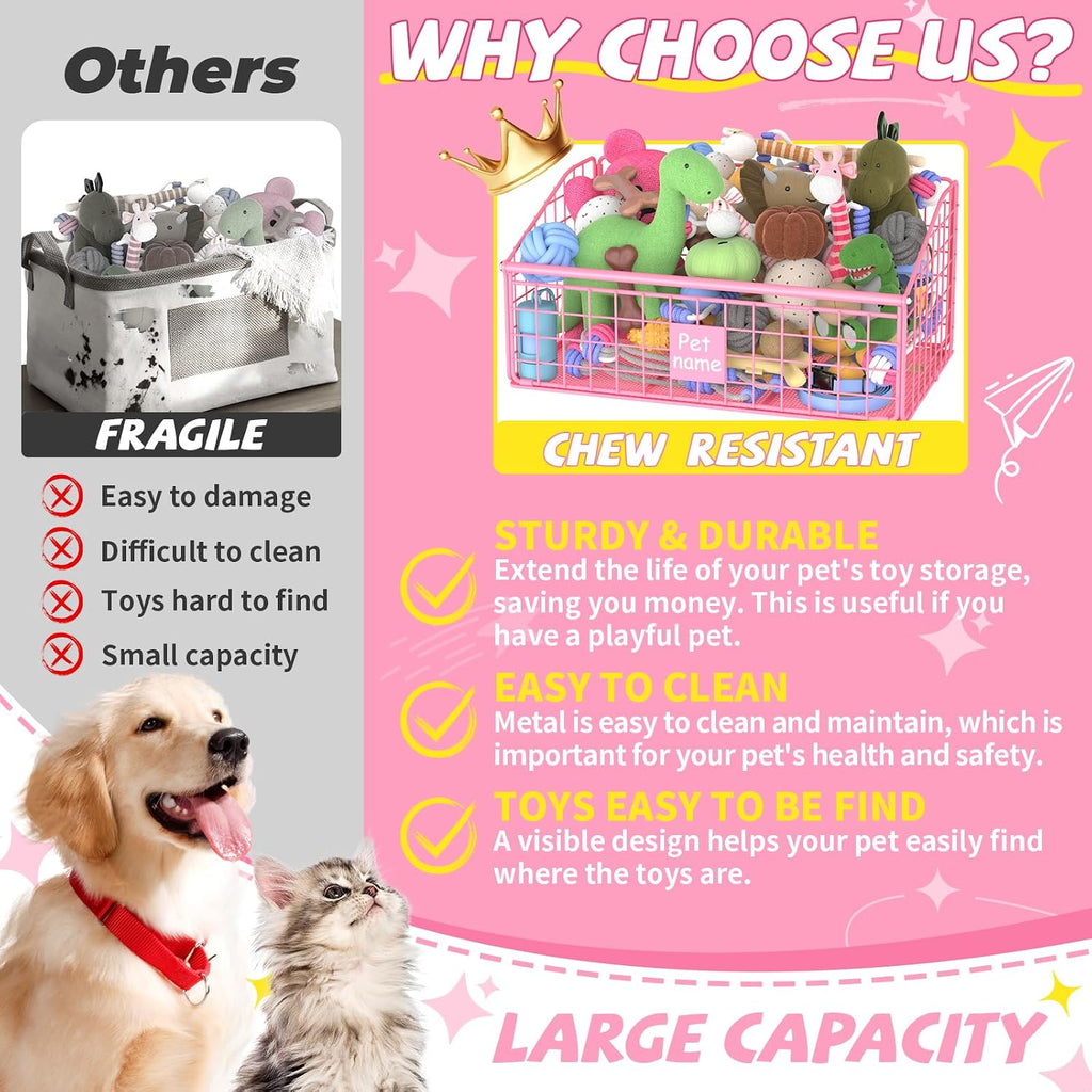 Kaiferty Indestructible Dog Toy basket, Medium Toy Box for Dogs,Pet Toy Bin Dog Metal Basket for Toys, Toy Storage Organizer, Living Room Area (Pink)