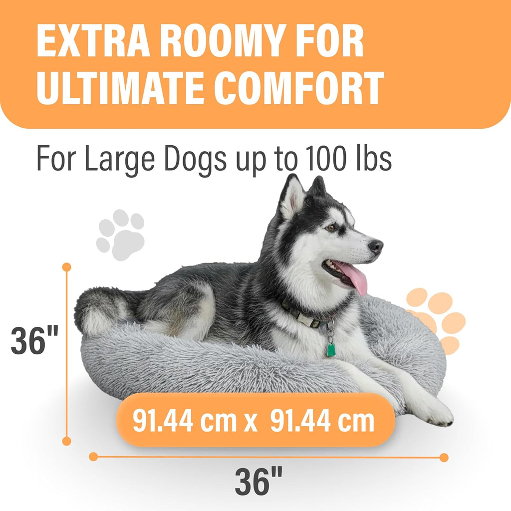 Active Pets Premium Large Donut Dog Bed, Fits Up to 100 lbs, Machine Washable Cushion, Plush Long Pile Faux Fur Fabric, Portable Light Gray Pet Bed Furniture for Puppies Adult Canines & Cats