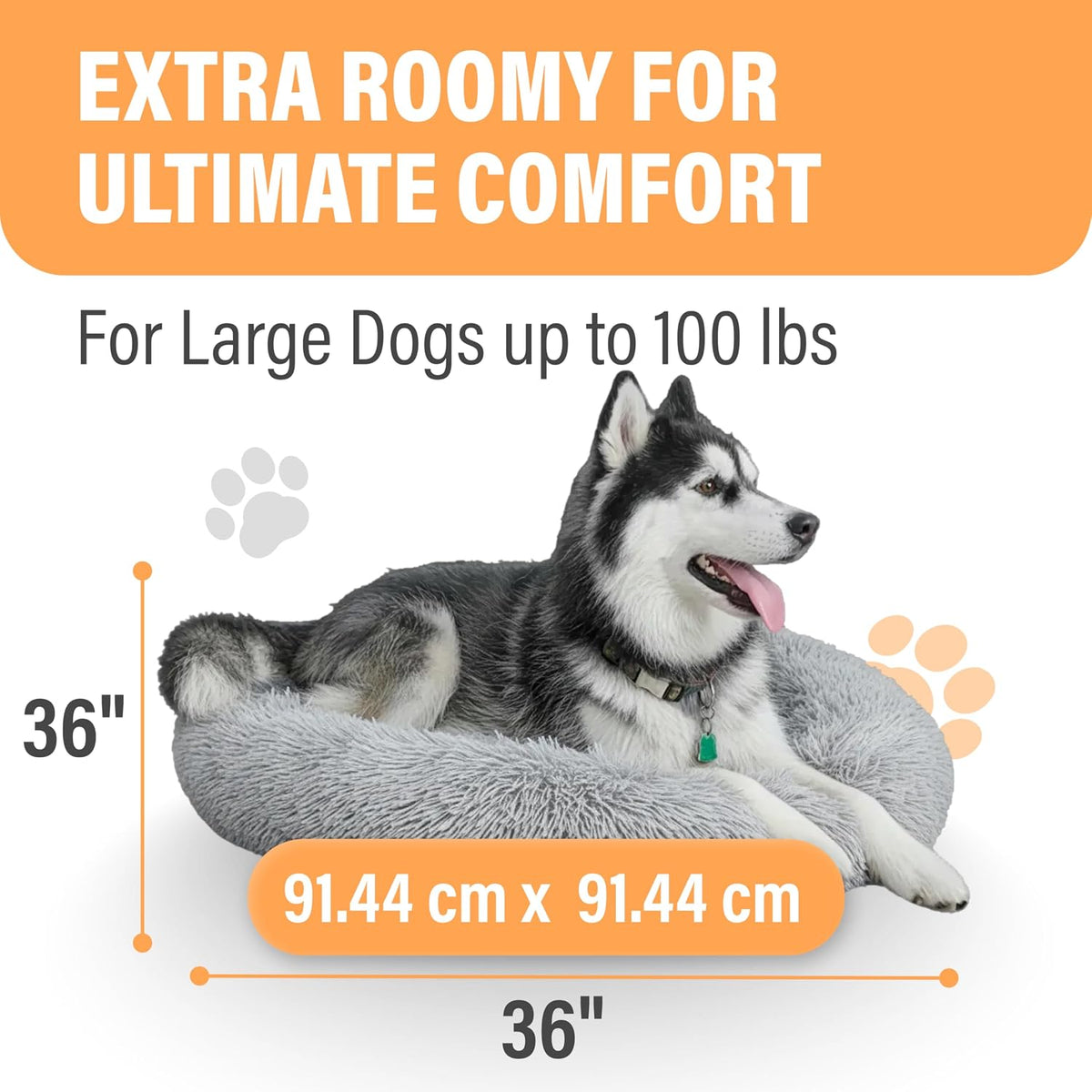 Active Pets Premium Large Donut Dog Bed, Fits Up to 100 lbs, Machine Washable Cushion, Plush Long Pile Faux Fur Fabric, Portable Light Gray Pet Bed Furniture for Puppies Adult Canines & Cats