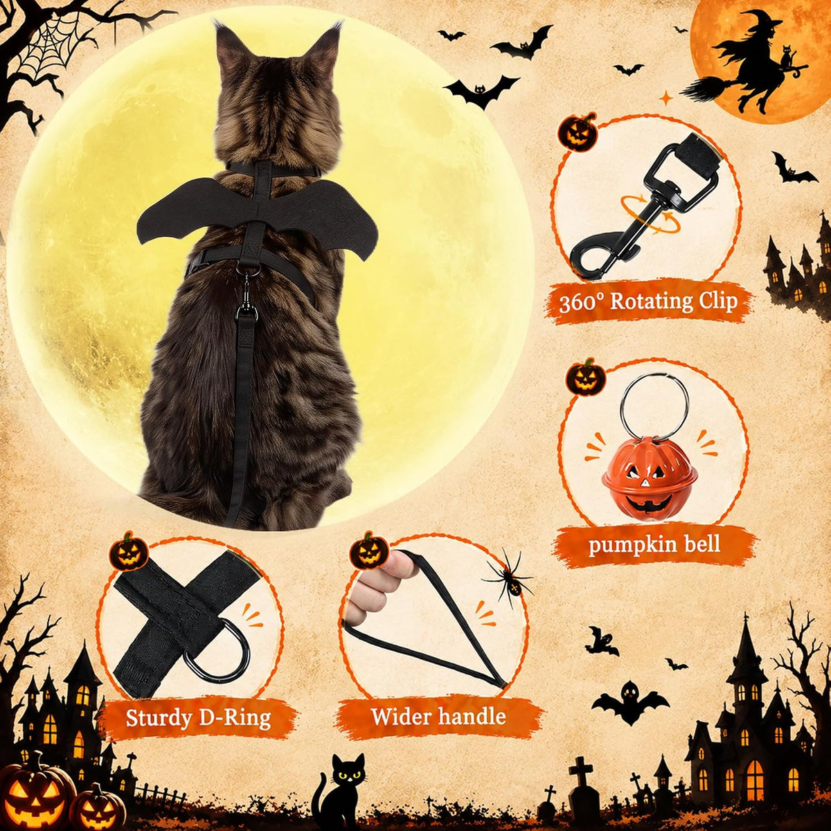 Tensho Cat Harness and Leash with Bat Wings Escape Proof Adjustable (M)