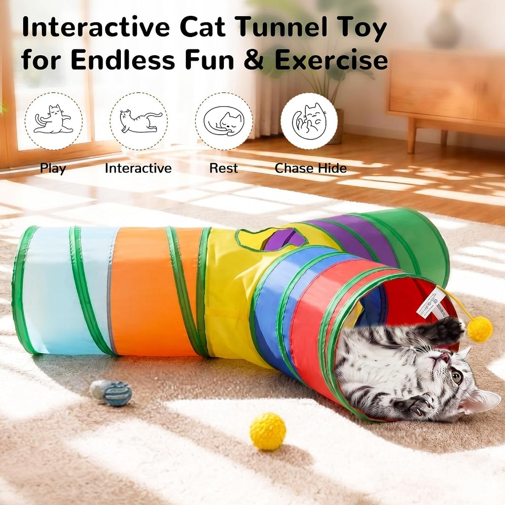 Tempcore Cat Tunnel, 3-Way Collapsible Toy, Large Size Rainbow | Large Size 3-Way Cat Tunnel Provides More Room for Cats to Run, Hide and Chase, with Peek Holes, Hanging Ball and Teaser Wand