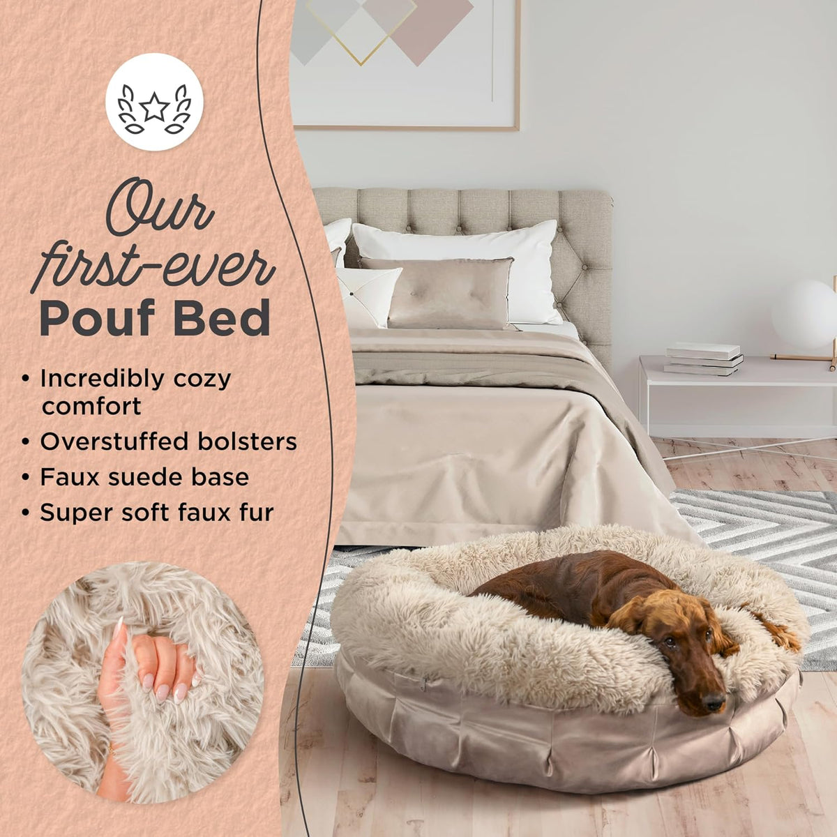 Best Friends by Sheri Ultra Calming Pouf Bed, Orthopedic Round Dog Bed for Joint Support, Faux Fur, Washable Cover, Tan, Large, 36"x36"