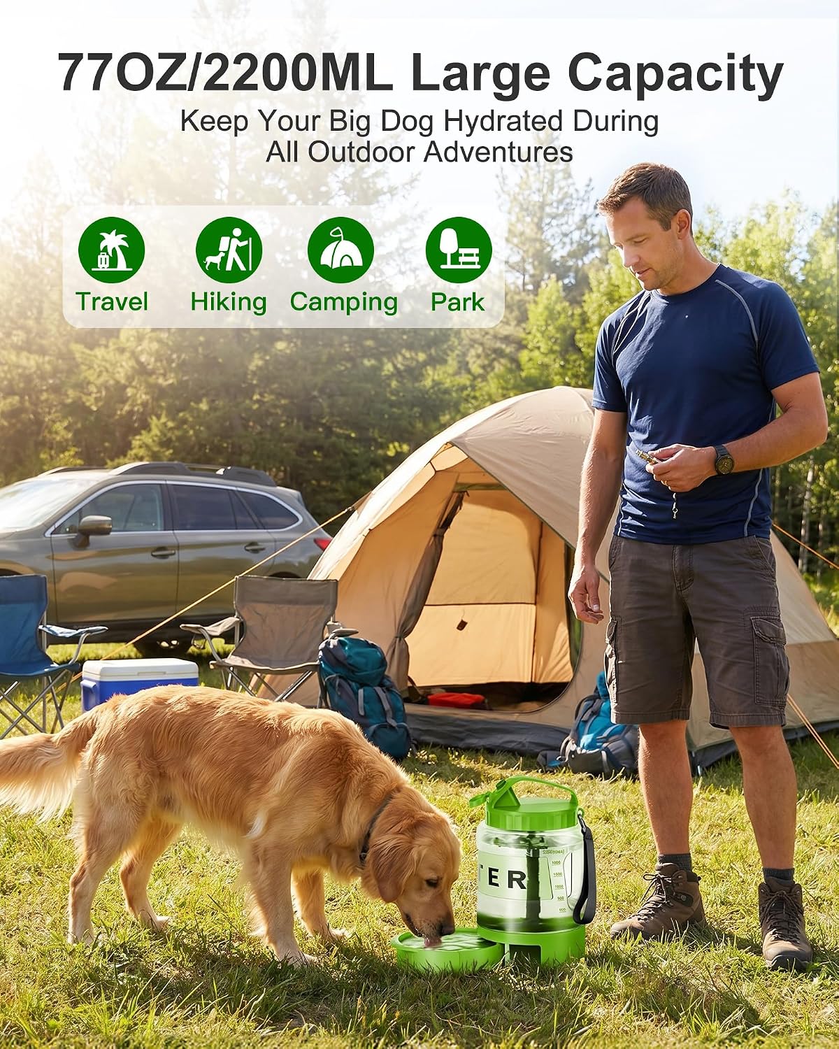 77 oz Portable Dog Water Bottle, 2.2L Dog Travel Water Dispenser Olive Green | Food-grade, BPA-free material, silicone seal, easy-clean wide mouth, grip handle, for large dogs, hiking, camping, beach days