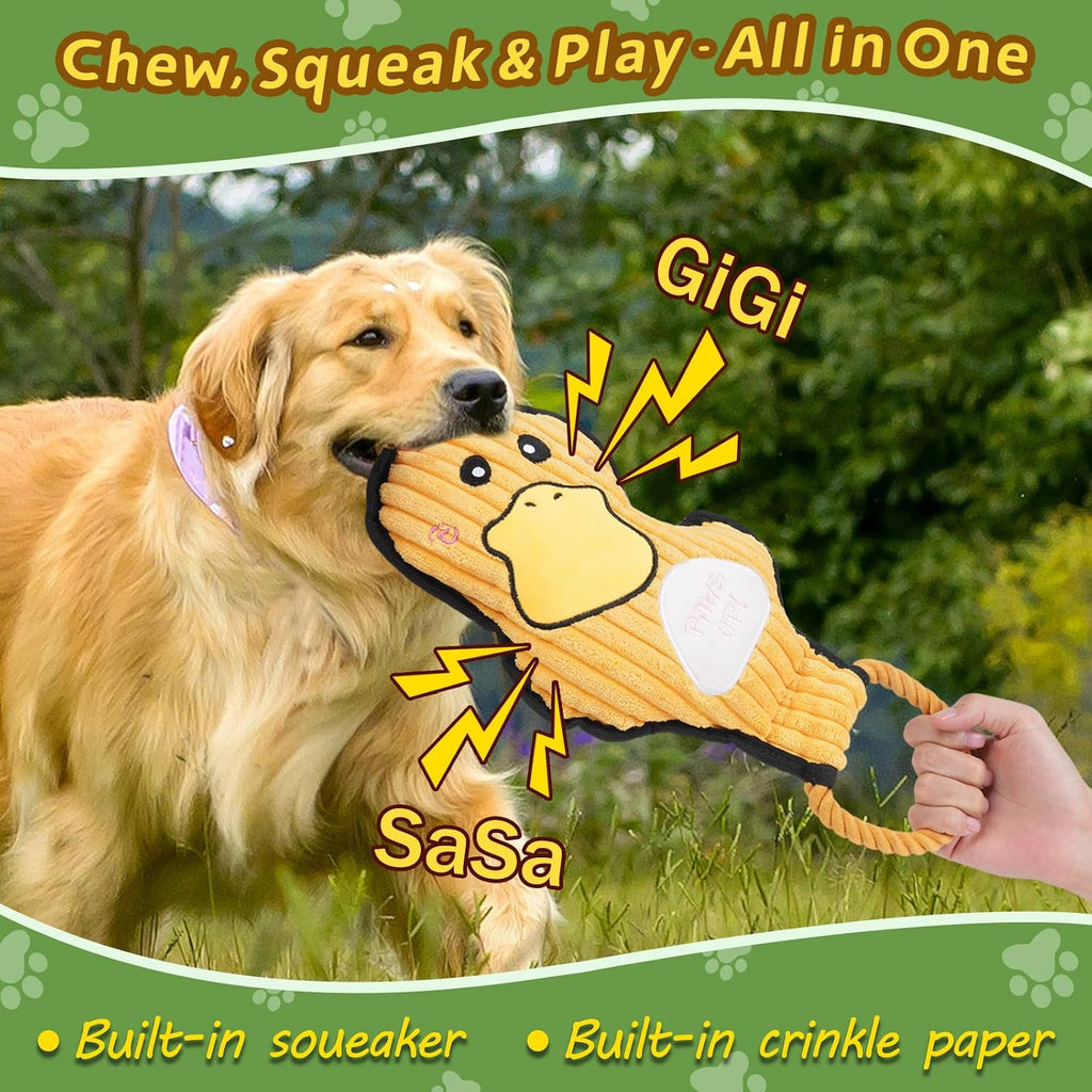 2-Pack Crinkle and Squeaky Dog Toys & Tough Tug of War Set - No Stuffing Chew-Resistant Plush Toys to Keep Them Busy, Best Birthday Gift for Small/Medium/Large Breeds (Ducks & Dino)