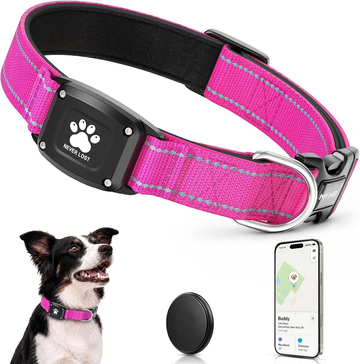 GPS Dog Collar with Tracker, Waterproof, No Monthly Fee, Hot Pink, S