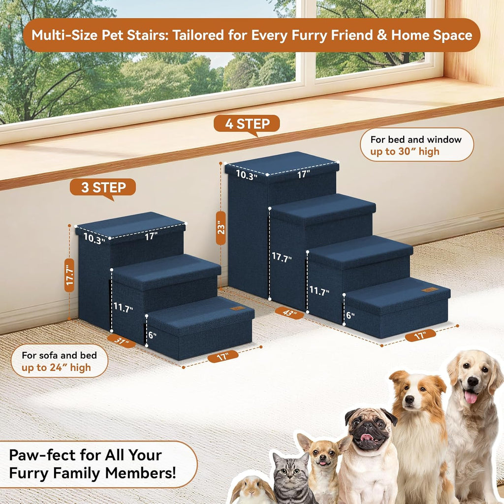 Zerbuger Dog Stairs with Storage, Navy Blue 4 Steps Dog Ramp no Condo