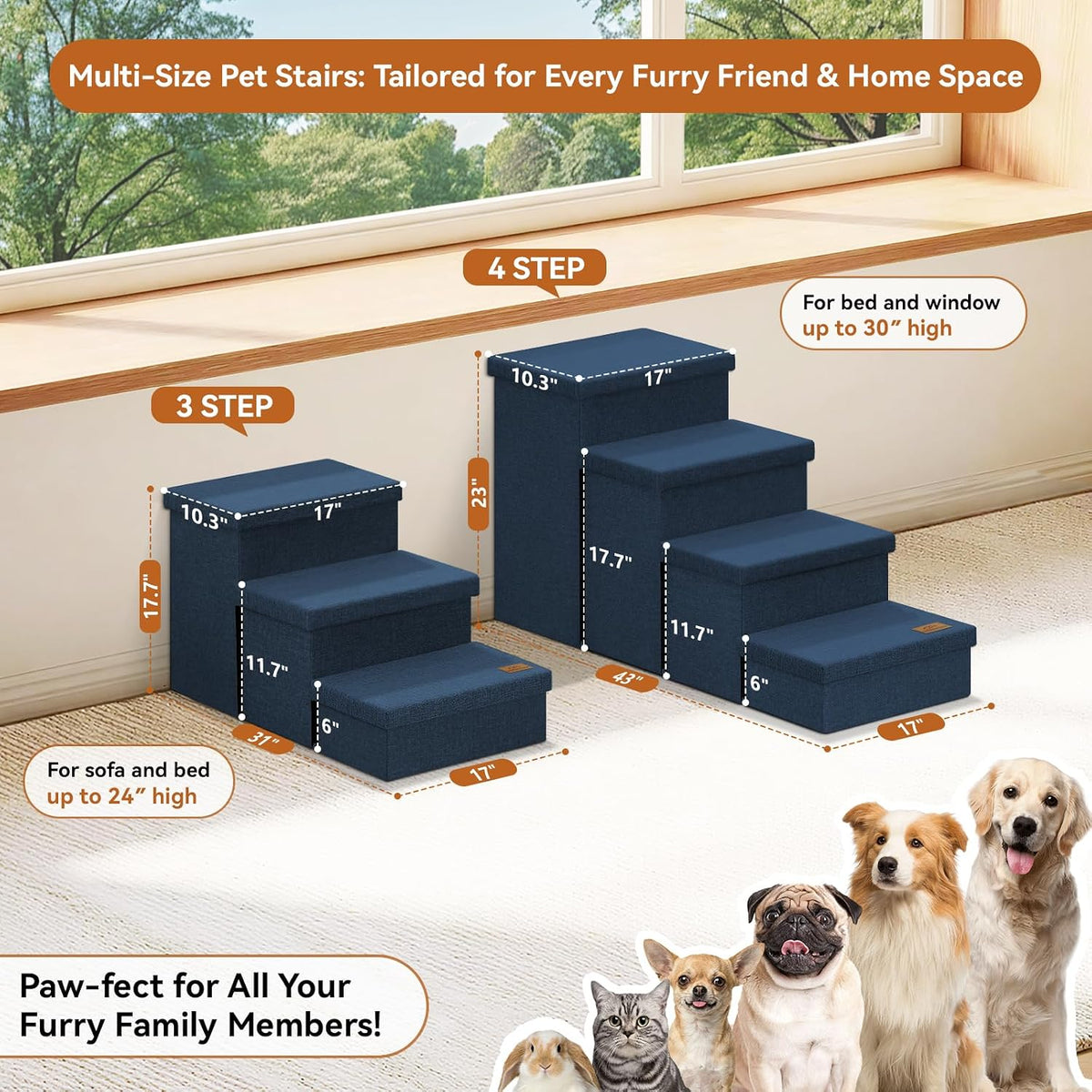 Zerbuger Dog Stairs with Storage, Navy Blue 4 Steps Dog Ramp no Condo