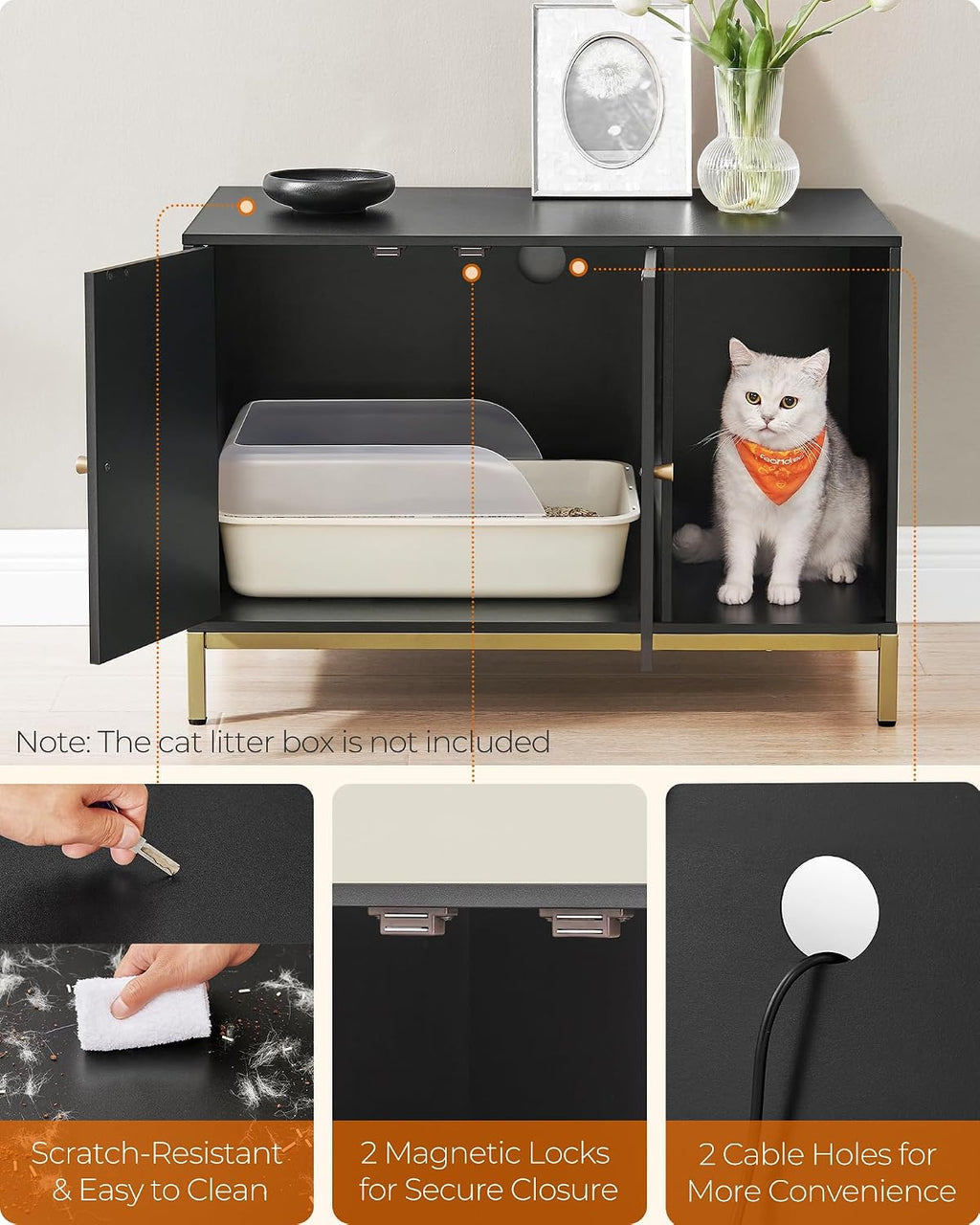 FEANDREA Cat Litter Box Enclosure, with Scratching Mat, Tall Legs