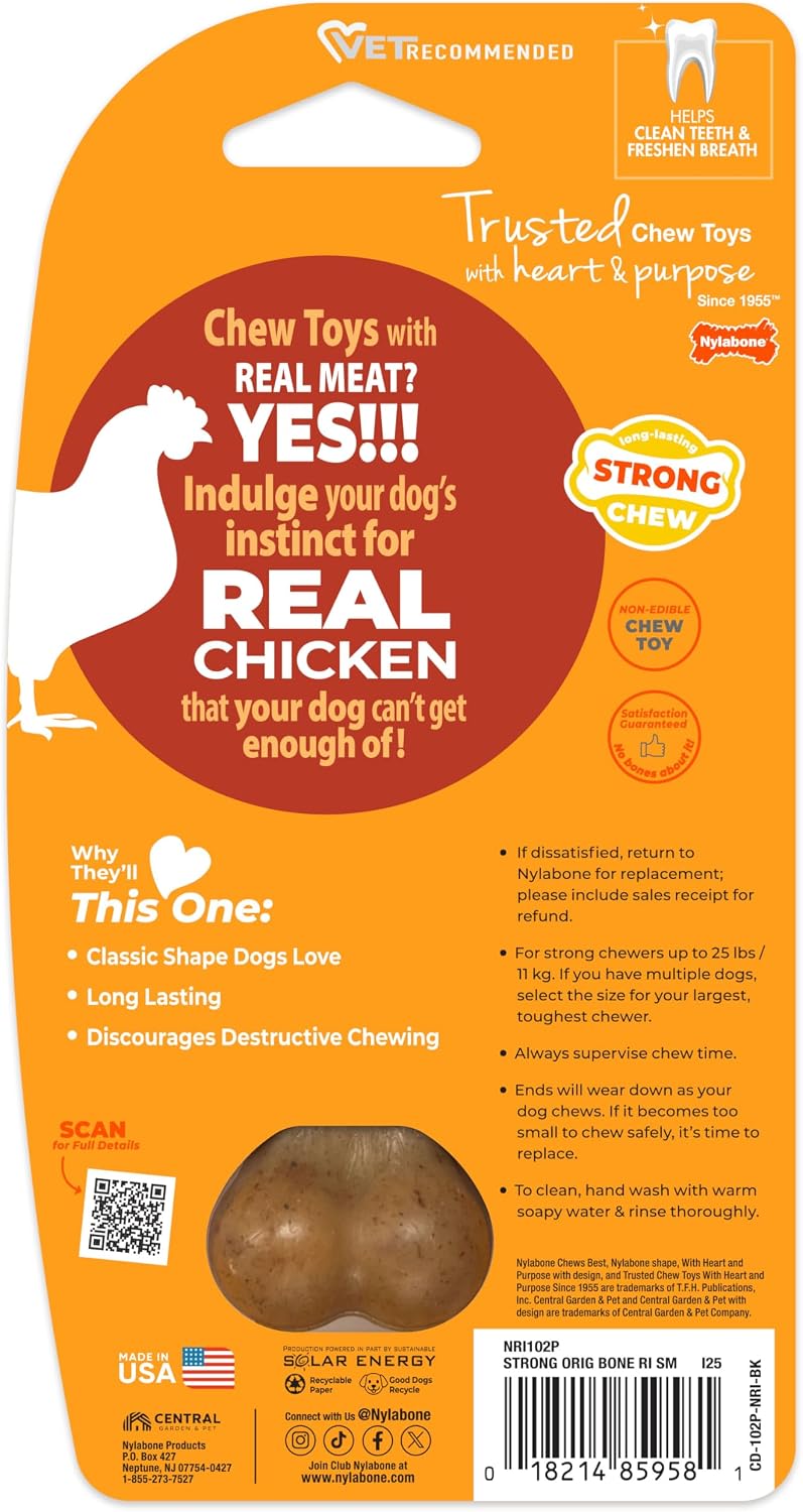Nylabone Strong Chew Original Bone Dog Toy Made with Real Chicken | Dog toys for aggressive chewers, small dog chew bones up to 25 lbs, helps clean teeth and freshen breath