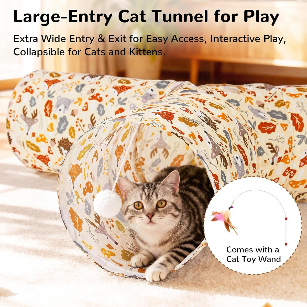Tempcore Cat Tunnel, 3-Way Collapsible Toy, Large Size Beige Deer | Large Size 3-Way Cat Tunnel Provides More Room for Cats to Run, Hide and Chase, with Peek Holes, Hanging Ball and Teaser Wand