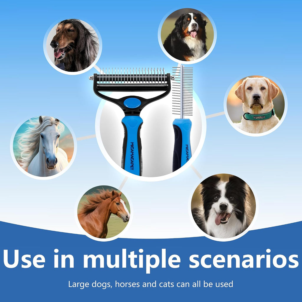Dog Brush for Shedding, Deshedding Dog Brush for Long Haired Dogs, Cat Grooming Set 2 in 1 Undercoat Rake with Flea Comb-Large