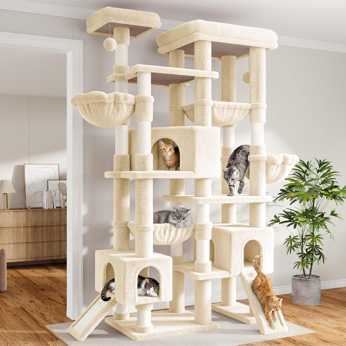 SHA CERLIN 87 in Multi-Level Tall Cat Tree Tower for Large Cats/Extra Wide Feline Activity Center/Sisal Scratching Posts/Wide Base/Cozy Plush Perches/Baskets/Hammocks/Toy Balls/Beige