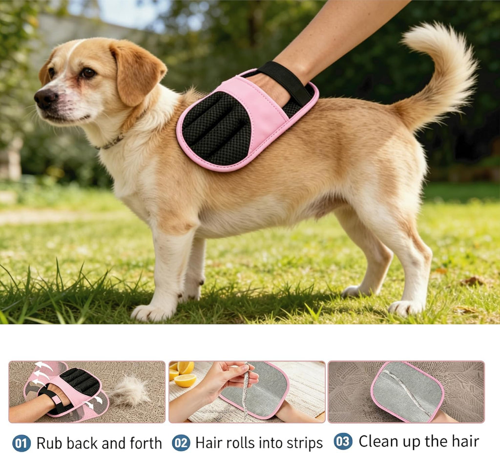 Pet Hair Remover Glove, 2 Pack Electrostatic Remover Gloves for Dogs and Cats, Reusable Wash Mitt for Furniture, Car Seats, Clothes, and Laundry, (Pink)