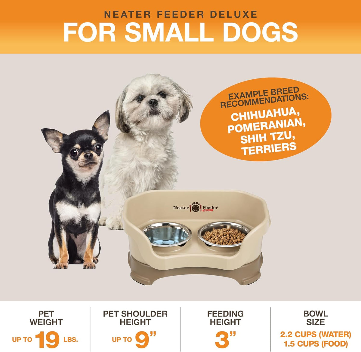 Neater Pet Brands Neater Feeder Deluxe Mess Proof Dog Bowls Elevated for Small Dogs Under 19 lbs, Made in USA, No Spill Raised Dog Food Bowl Stand Feeding Station, Food and Water Bowl Set, Cappuccino 