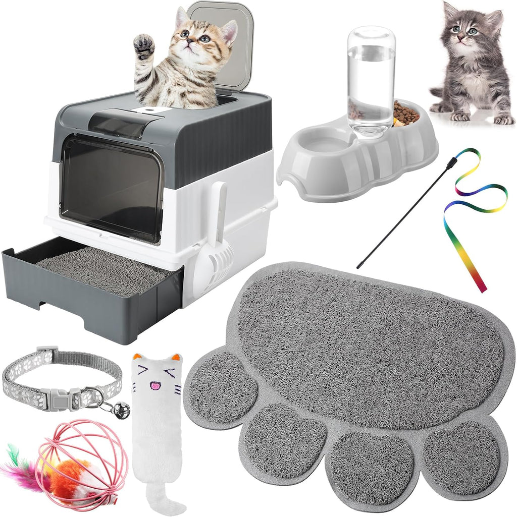 Tioncy 7 Pcs Kitten Litter Box Starter Kit, Enclosed with Shovel, Gray