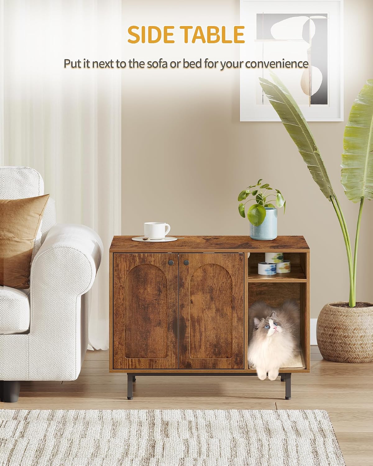 Hzuaneri Cat Litter Box Enclosure, Hidden Litter Box Furniture with Storage | Large Wooden Cabinet with Sisal Mat, Modern Cat Washroom for Living Room, Bedroom, Entryway, Rustic Brown and Black CB01501B
