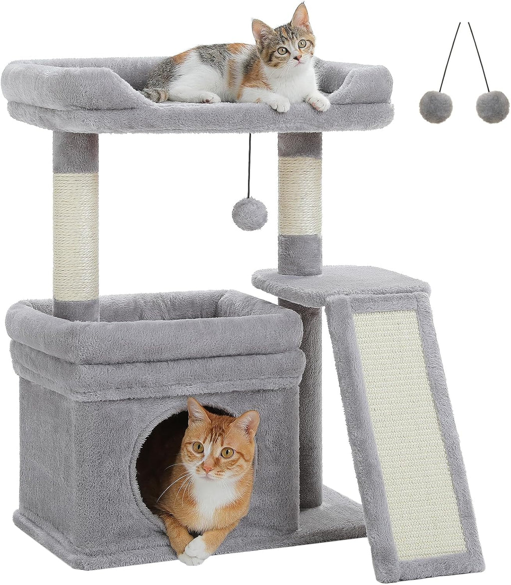 PEQULTI Small Cat Tree Tower for Indoor Cats with Large Perch, Grey