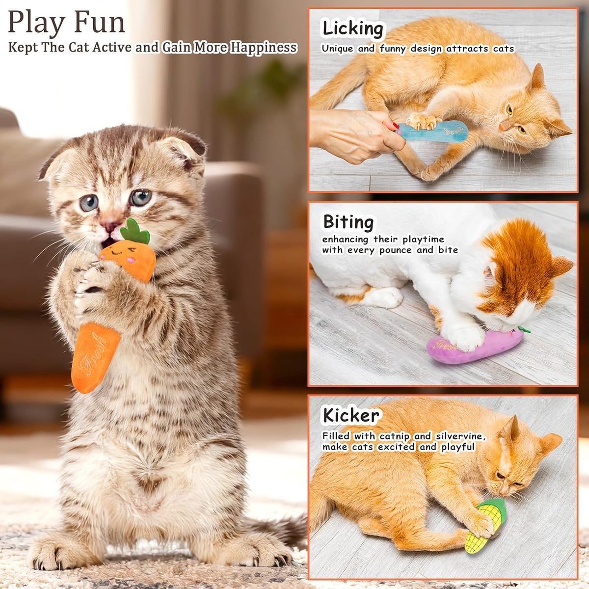 ETEKYER Catnip Cat Toys for Indoor Cats Kitten, 5 Pack, Vegetable Shape | Cat Nip Toys Soft and Durable, Interactive Kitty Kicker Chew Safe Teeth Cleaning Toy