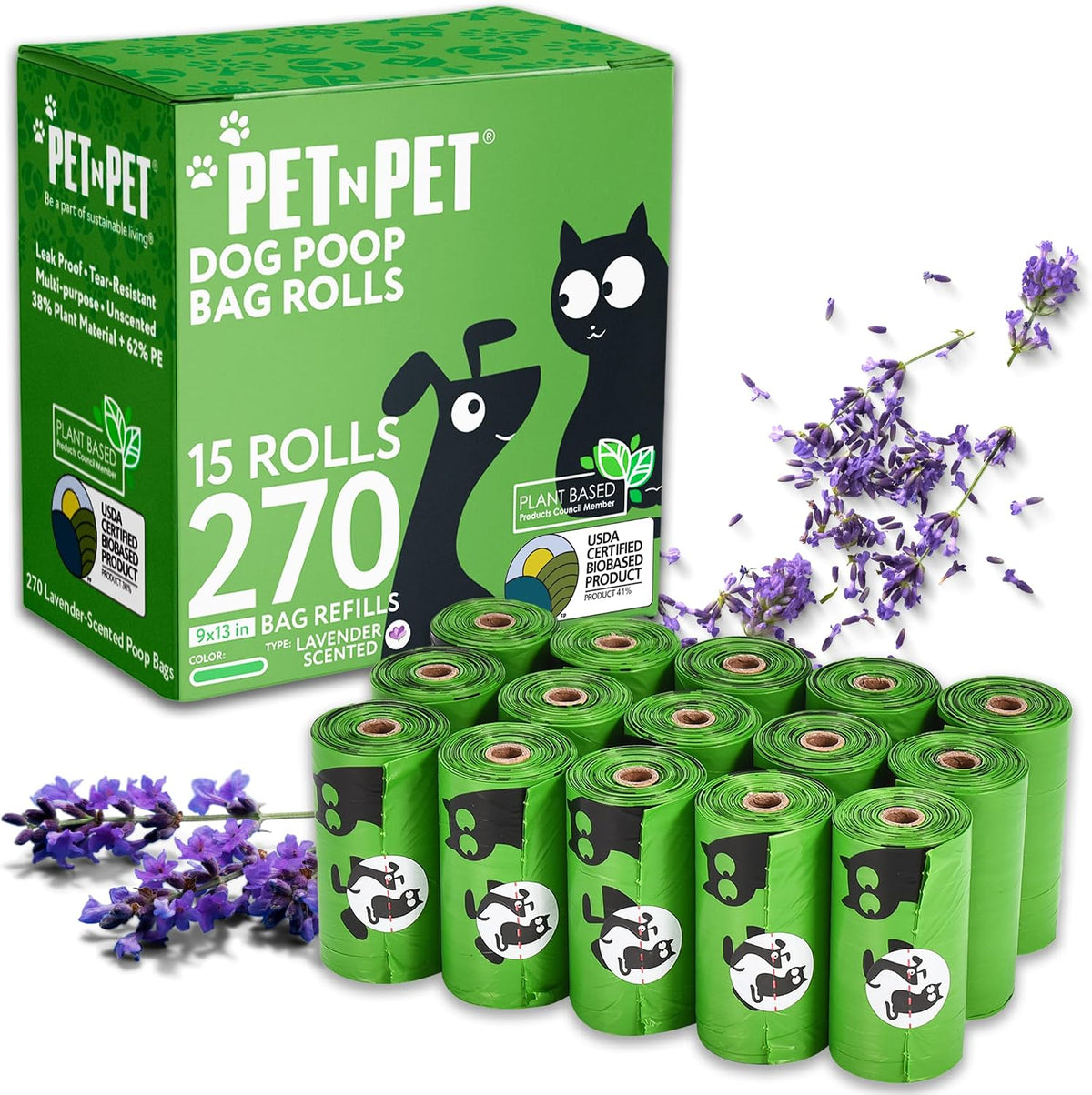 Pet N Pet Dog Poop Bags Rolls, 270 Count, Lavender Scented, Plant Based | Green, 270 Counts, Rolls, Waste, Bag, Leak-Proof, Tear-Resistant, Easy-Tear Design, Durable, Reliable, Strong, dog waste bags