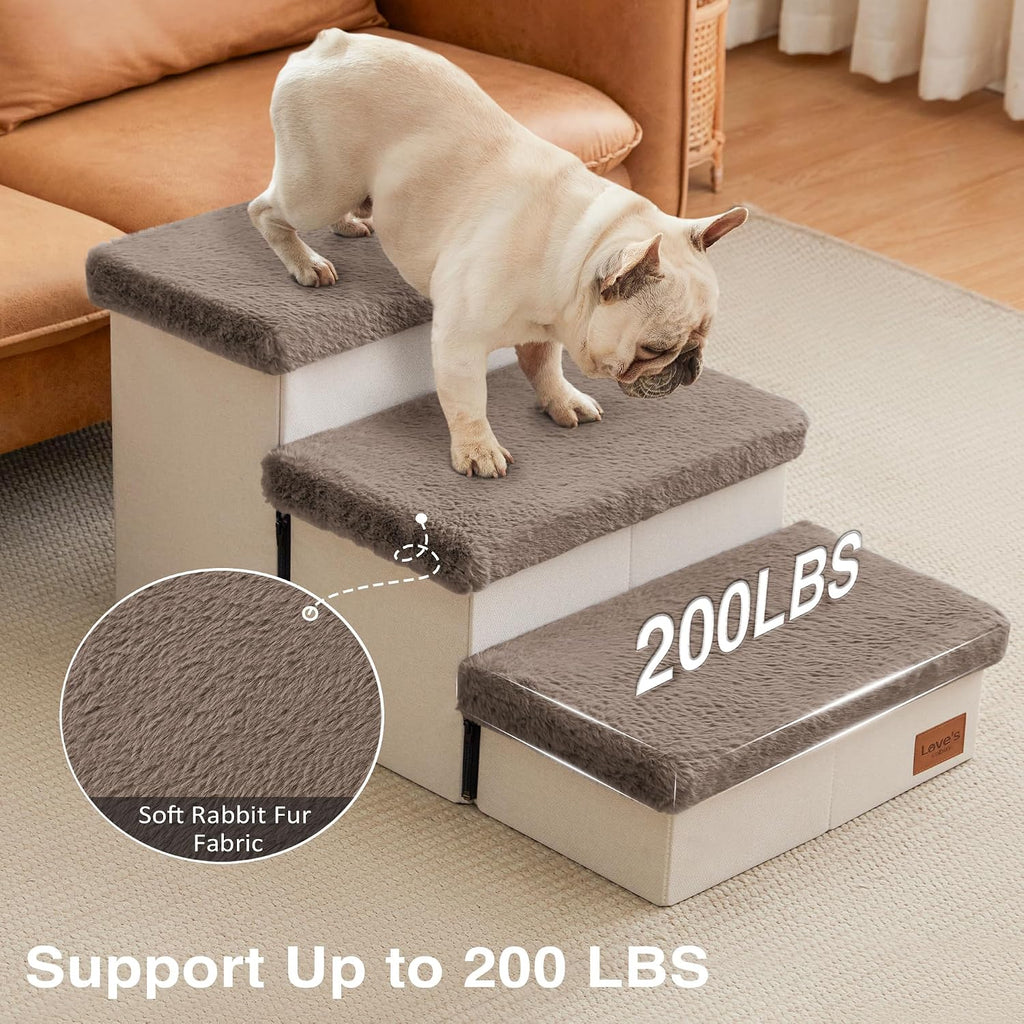 Love's cabin Dog Stairs for High Bed, Foldable Pet Stairs for Small Medium or Large Dogs Puppy with Storage for Bed or Couch, Cat Dog Steps Ramp with Zip up to 200 lbs, Brown, 3 Steps