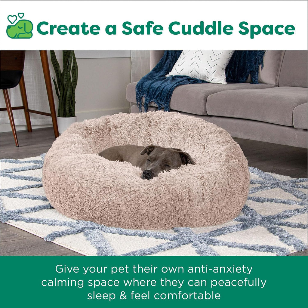 Furhaven 36" Round Calming Donut Dog Bed for Large/Medium Dogs, Refillable w/ Removable Washable Cover, For Dogs Up to 75 lbs - Shaggy Plush Long Faux Fur Donut Bed - Taupe, Large