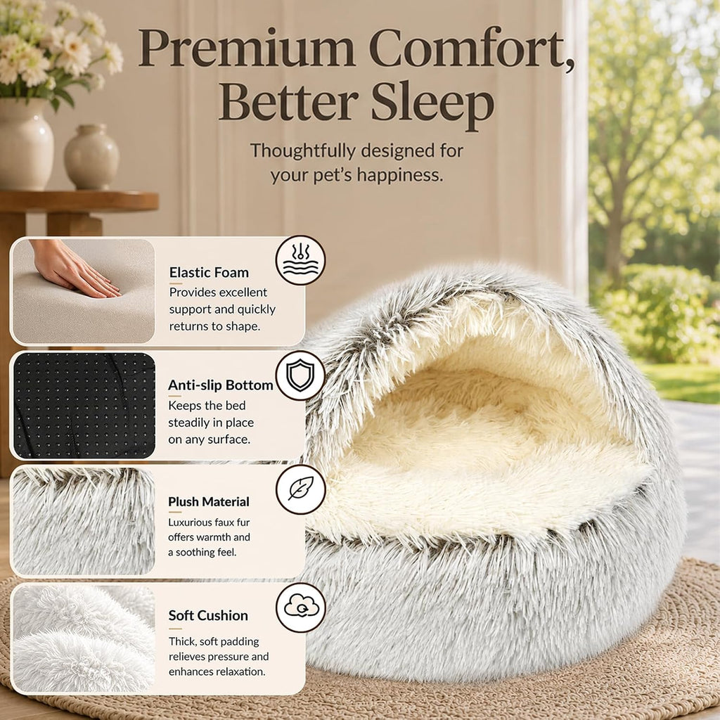 ShinHye Round Plush Fluffy Hooded Cat Bed Cave, Cozy for Indoor Cats or Small Dogs, Waterproof Bottom, Washable（40 in）