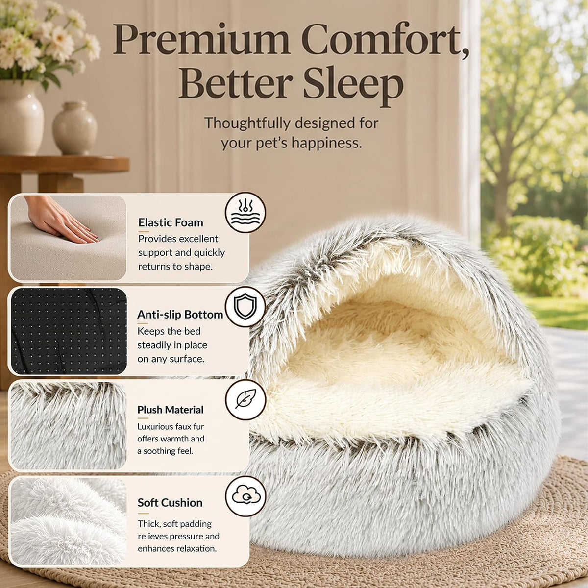 ShinHye Round Plush Fluffy Hooded Cat Bed Cave, Cozy for Indoor Cats or Small Dogs, Waterproof Bottom, Washable（40 in）