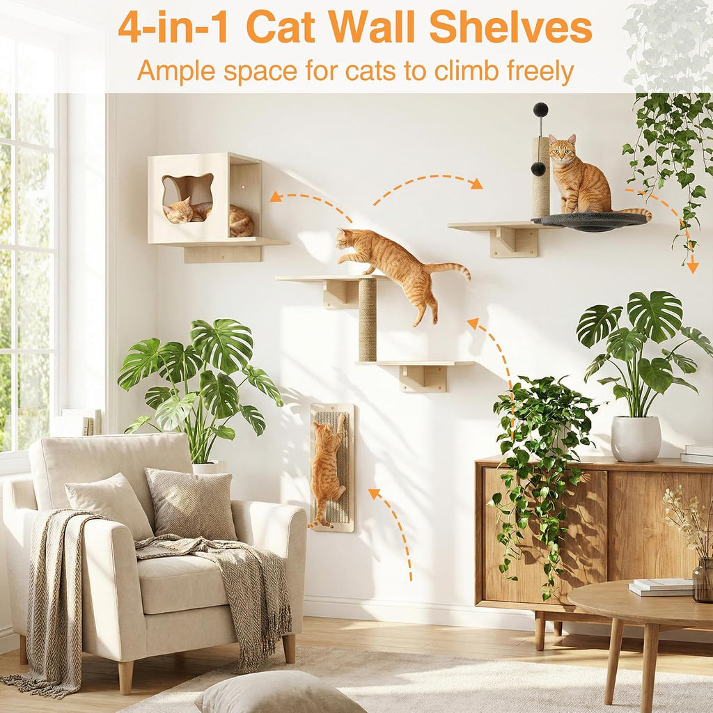 Cat Wall Shelves, Wooden 6-Piece Multi-Level Cat Climbing Furniture, House, Steps, Sisal Scratcher, Perches Bed & Ball, Space-Saving Wall Mounted Cats Shelves for Play & Rest