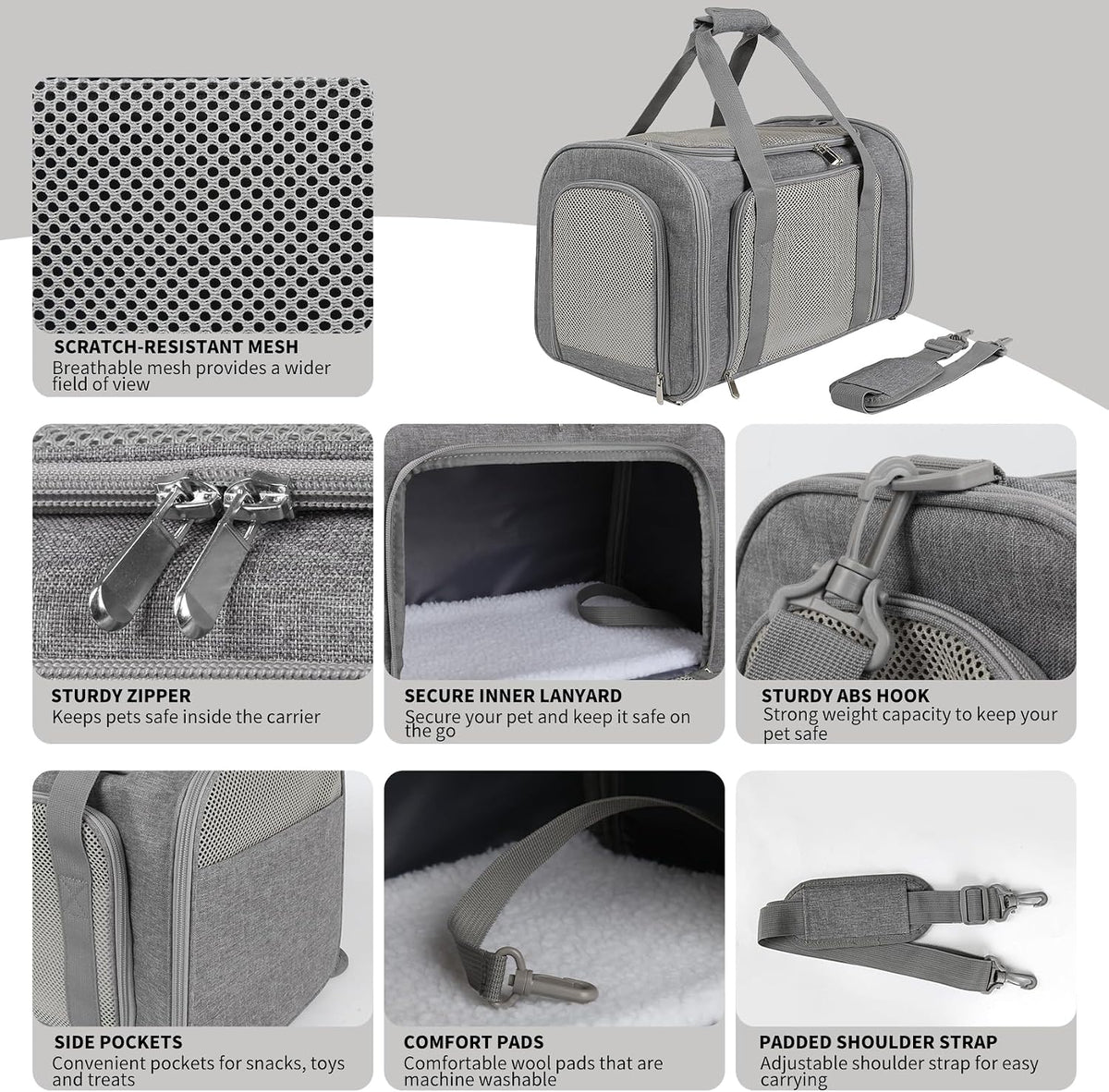 Cat Carrier, Soft-Sided Airline Approved Pet Carrier Case with 4 Ventilated Windows for Cats and Dogs Under 10-25Lbs (17.0 L x 11.0 W x 11.0 H Inch, Grey)