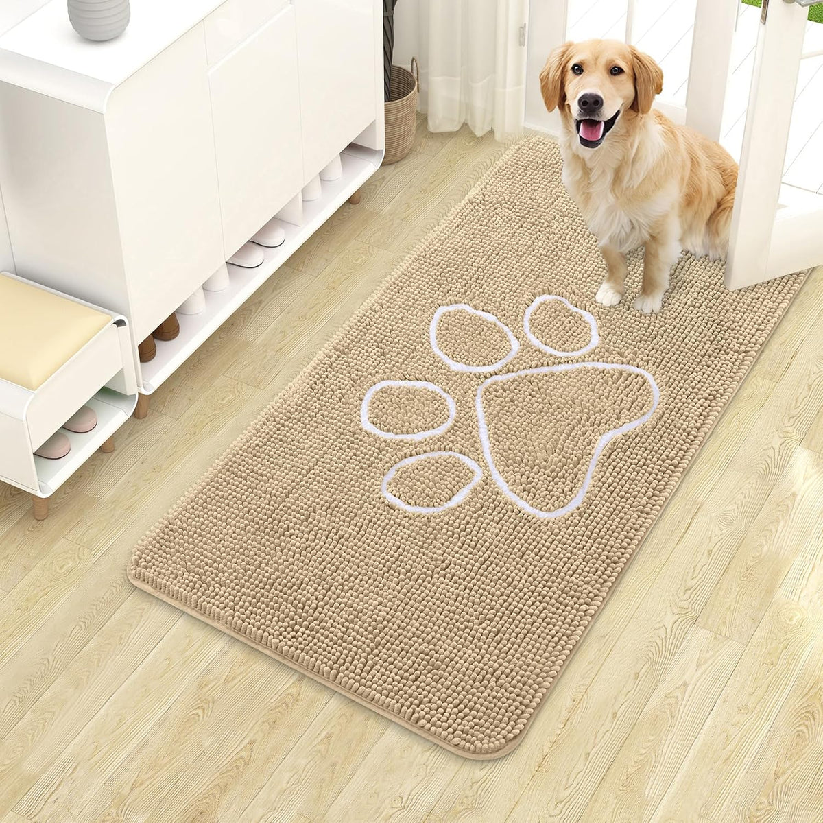 OLANLY Dog Door Mat for Muddy Paws 40x24, Paw Print Design Chenille Mud Mat