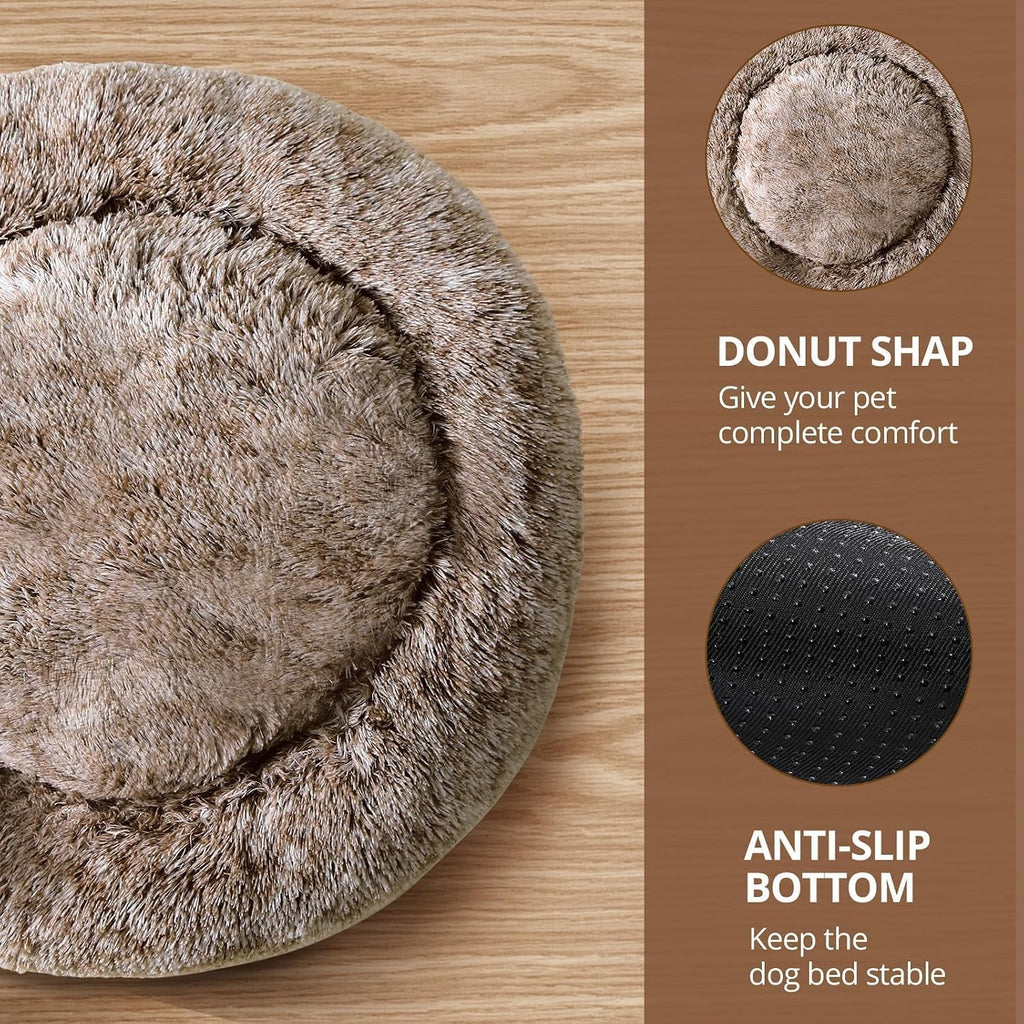JOLLYVOGUE Calming Dog Beds Large Sized Dog, 36in Donut Washable Large Pet Bed, Anti-Slip & Anti-Anxiety Fluffy Faux Fur Round Dogs Bed, Fits up to 80 lbs Pets (Smoke Brown)