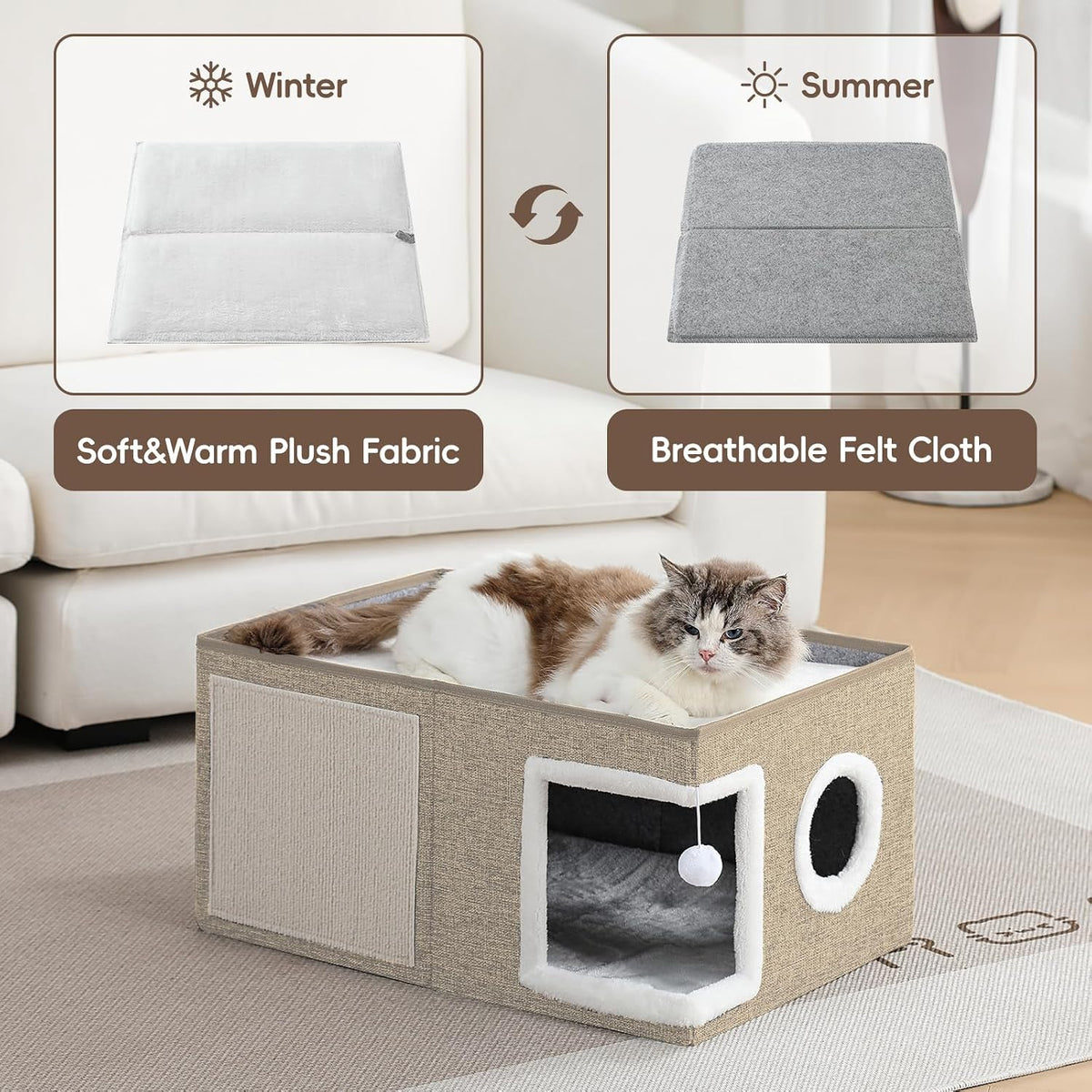 Extra-Wide Cat Houses for Indoor Cats, Large Cat Cave Bed with Fluffy Ball and Scratch Pad, Foldable Covered Kitten Bed for Multiple Cats, 23.6x16x13 inches, Khaki