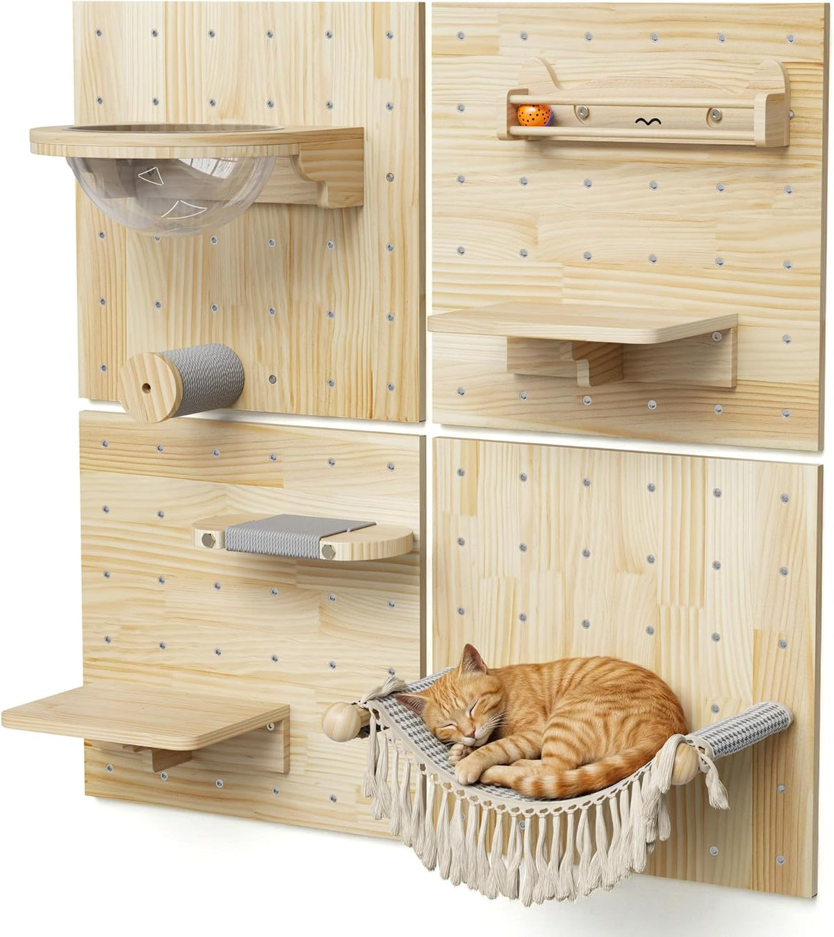 Ardilla & Co. Cat Wall Furniture – Wall-Mounted Modular Wooden Boards with 7 Moveable Accessories, Cat Wall Shelves, Hammock, Climber Steps, Perches, Walkways, Toy & Acrylic Bowl!