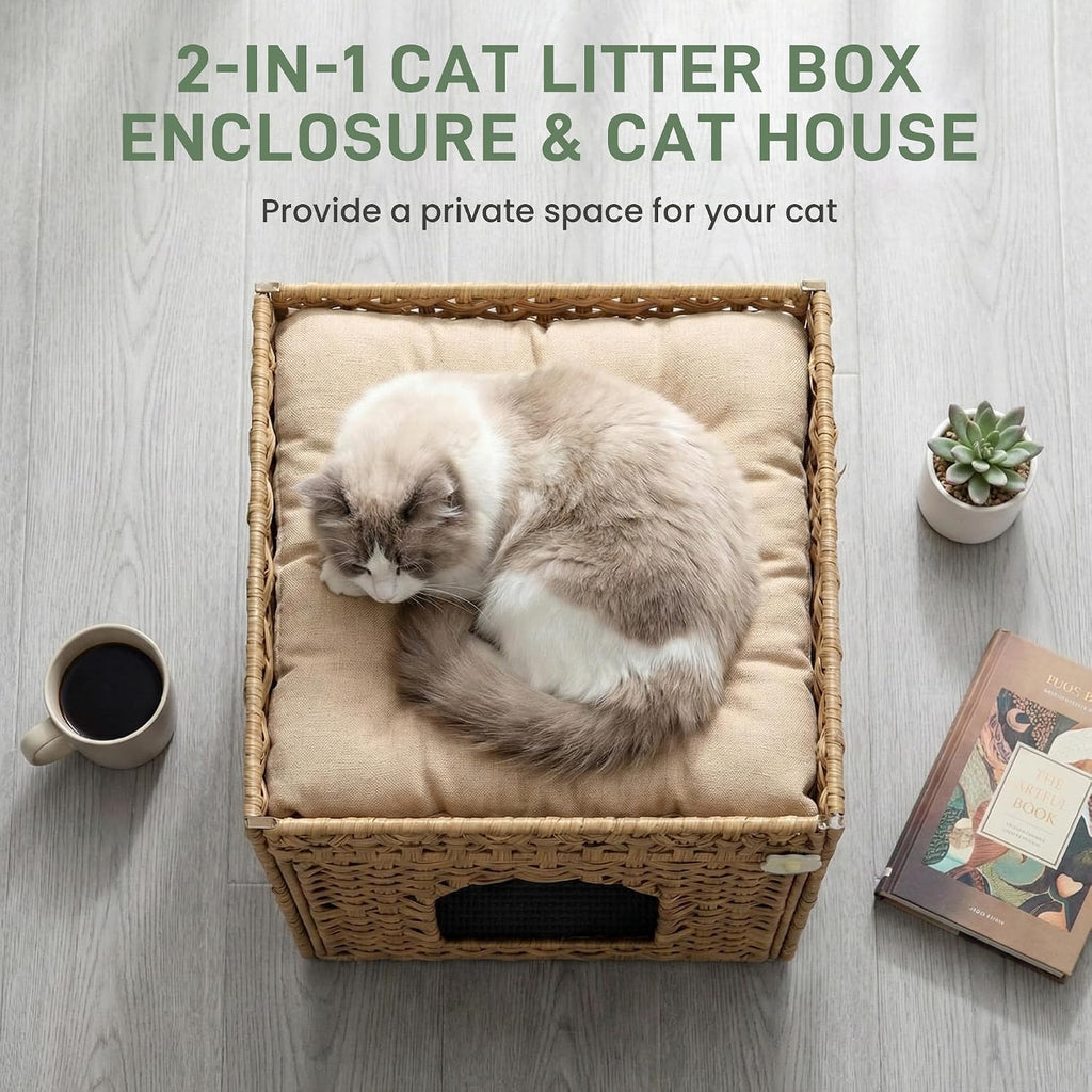 Cat Litter Box Furniture, Rattan Litter Box Enclosure Cabinet for Indoor Cats, Ventilated Covered Litter Box House, Decorative Litter Box Hider with Mat