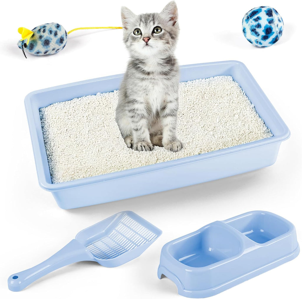 PAWISE Newborn Kitty Litter Box Set 5-Pieces - Shallow Cat Litter Pan, Cat Litter Scooper, Feeding Bowls, Kitten Starter Kit Mouse Toy, 14.5x10.5 Inches, Blue