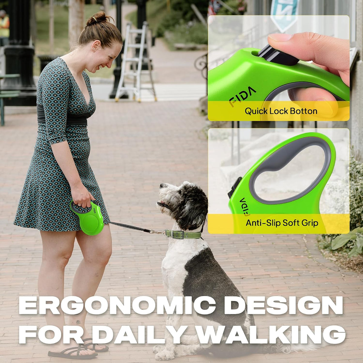 Fida Retractable Dog Leash, 16ft Heavy Duty Pet Walking Leash for Small Dog or Cat up to 26 lbs, Tangle Free. One-Hand Brake (Small, Green)