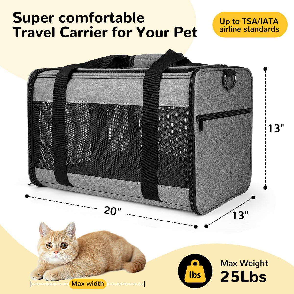 Hipubby Large Cat Carriers Dog Carrier Pet Carrier for Cats Dogs Puppies up to 25Lbs, Big Dog Carrier Soft Sided, Airline Approved Pet Carrying Case with Shoulder Strap & Removable Mat - Grey