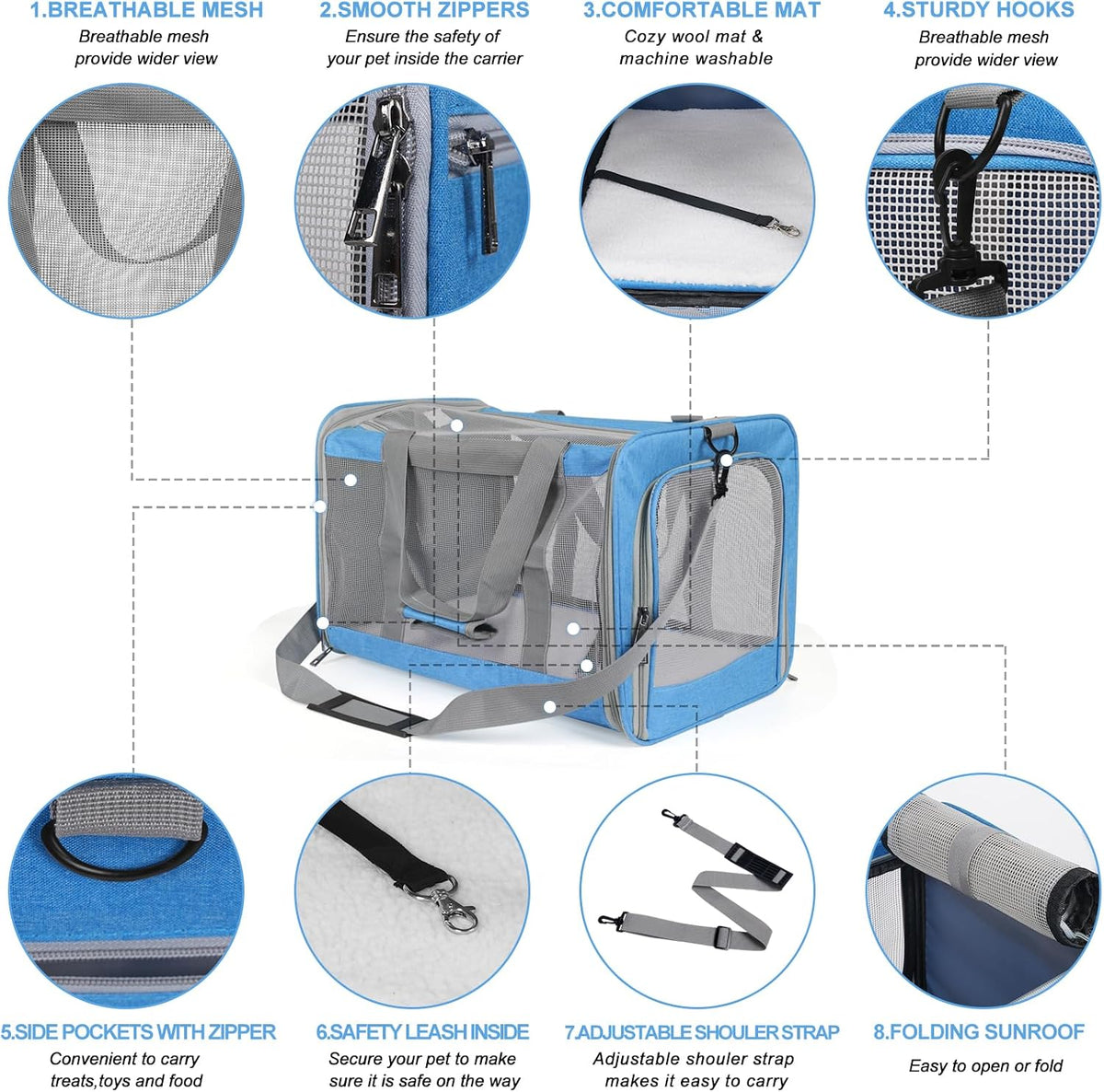 Pet Carrier for Large Cats of 20 Lbs, Collapsible Carrier Bag for Big Cat or 2 Kittens,Soft Sided Puppy Carrier with Sturdy Travel Transport Strap, Adequate Ventilation, 4 Mesh Windows (Blue)