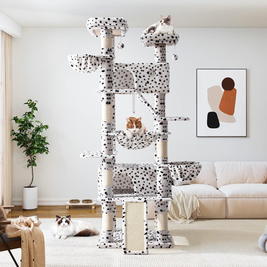 Allewie 81 Inches Tall Cat Tree/Multi-Level Large Climbing Tree House and Towers for Big Feline/Condo and Hammock/Scratching Post/Wide Base/White & Black Spot