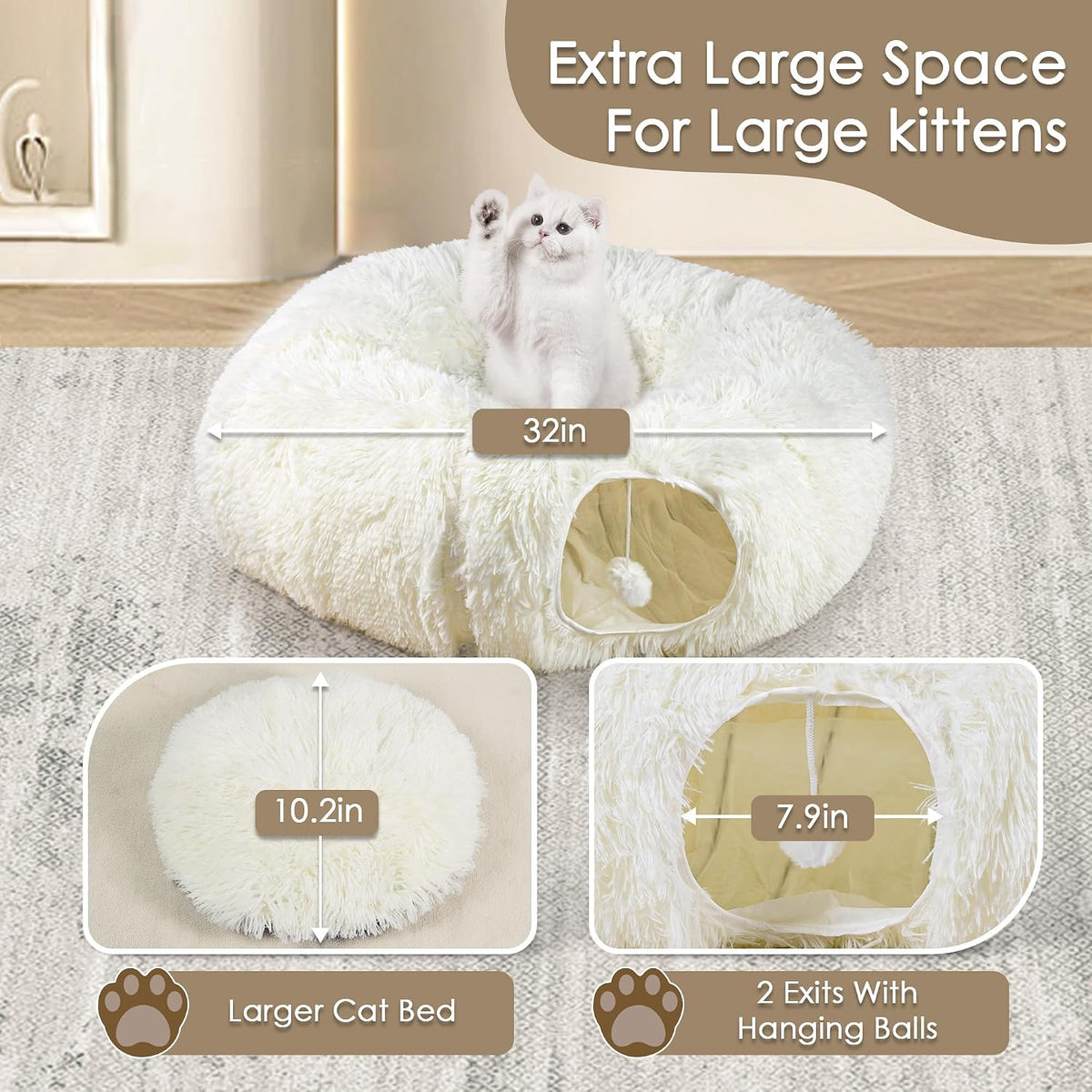 Peekaboo Cat Cave with Washable Mat, Collapsible Cat Play Tunnel for Kittens & Small Pets, Plush Cat Donut Bed Tunnel, Beige