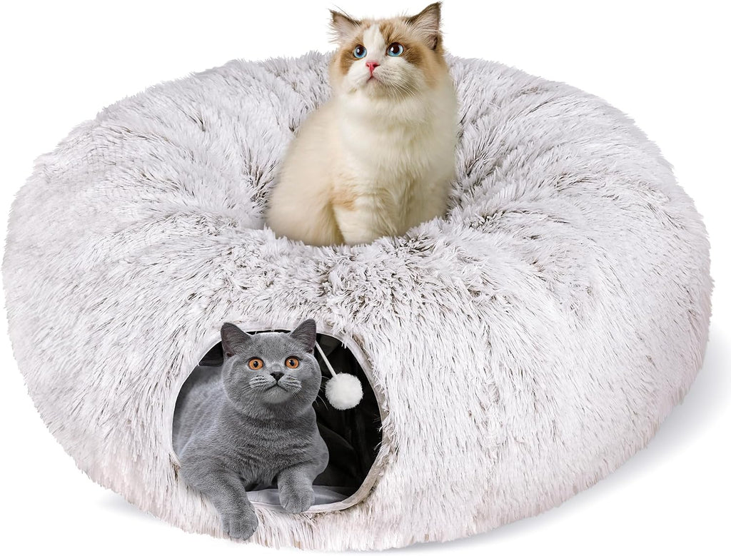 Peekaboo Cat Cave with Washable Mat, Collapsible Cat Play Tunnel for Kittens & Small Pets, Plush Cat Donut Bed Tunnel, Brown