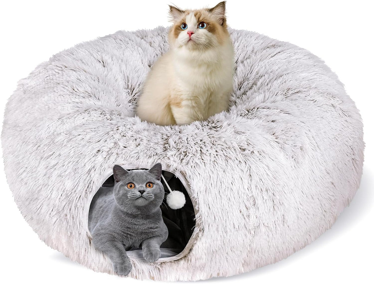 Peekaboo Cat Cave with Washable Mat, Collapsible Cat Play Tunnel for Kittens & Small Pets, Plush Cat Donut Bed Tunnel, Brown