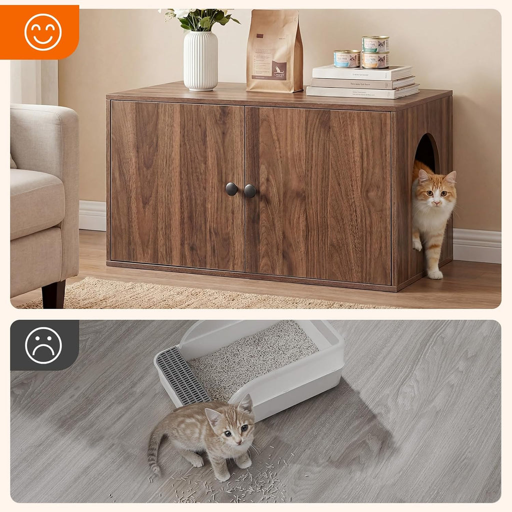 HOOBRO Cat Litter Box Enclosure, Hidden Litter Box Furniture with Side Entry, Litter Box Cabinet, Indoor Cat House, End Side Table, 31.5"L x 17.7"W x 16.3"H, for Living Room, Bathroom, Walnut WL40MW01