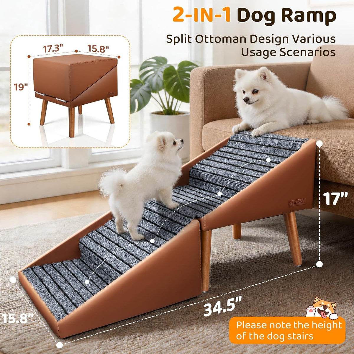 Dog Stairs for Small Dogs,17" H 4‑Step Non‑Slip Dog Ramp for Couch Low Bed