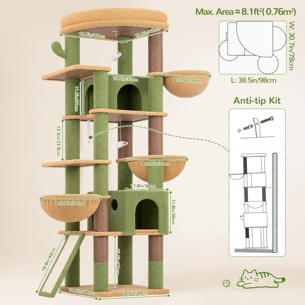 Globlazer Extra Large Cactus Cat Tree for Indoor Multiple Cats, S78G, Green
