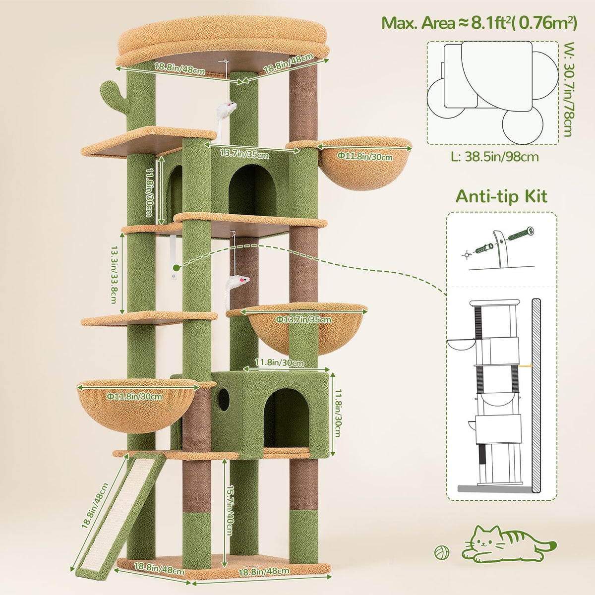 Globlazer Extra Large Cactus Cat Tree for Indoor Multiple Cats, S78G, Green