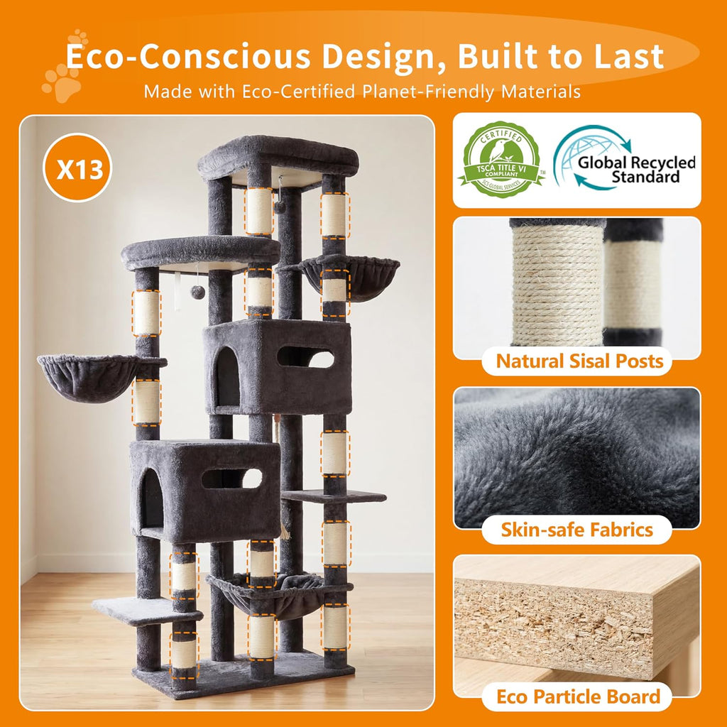 Heybly Cat Tree, 74.8-Inch Spacious & Tall Cat Tower for Large Cats HCT062G