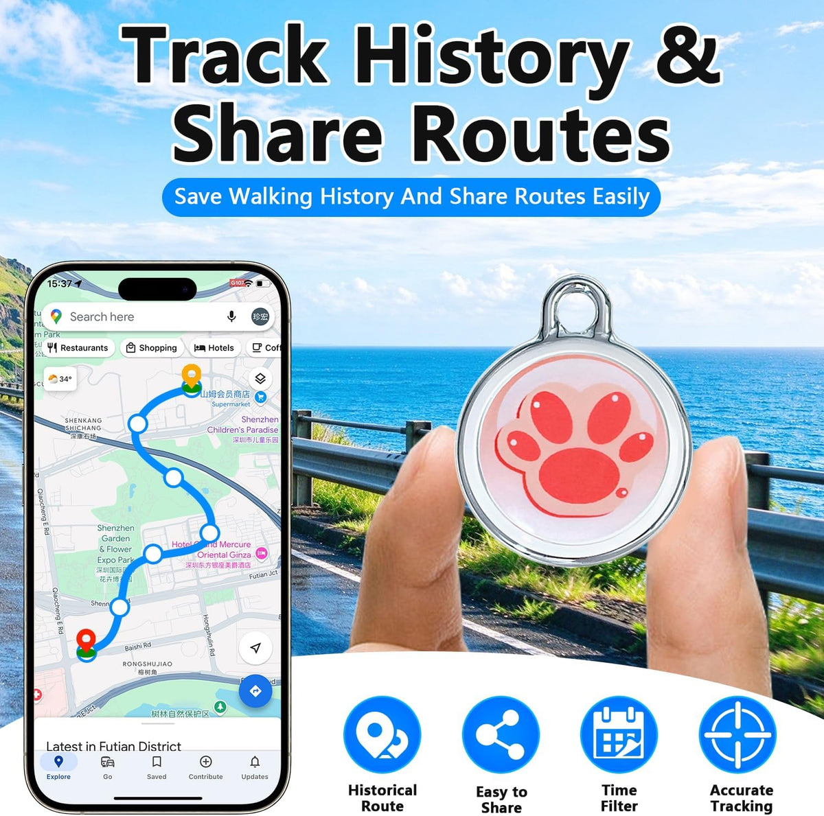 GPS Tracker for Dogs, Smart Dog Tracker with Real-Time Location, for Android and iOS No Monthly Fee & No SIM Card- Pet Location Tracker with Holder, IP68 Waterproof, Indoor & Outdoor Pet Safety Use